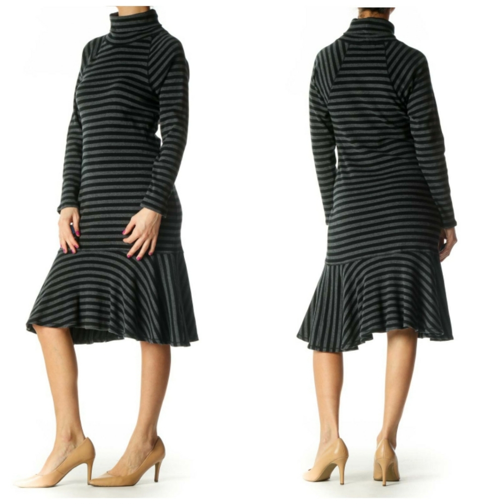 Lauren Jeans Co striped grey/black/charcoal drop waist turtleneck dress